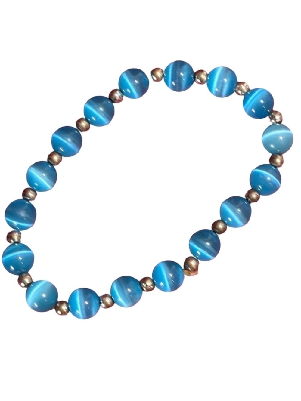 Light Blue Cat's Eye Bead Stretch Bracelet With Silver Tone Accent Beads